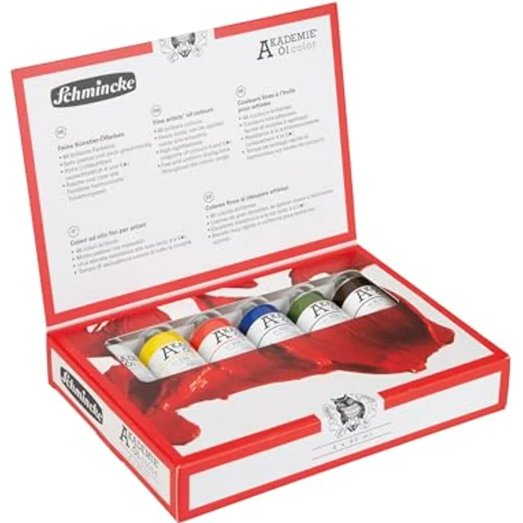 Schmincke AKADEMIE® Öl, Grundsortiment 6 x 60 ml Tuben, feine Künstler-Ölfarben in Titanweiß, Kadmiumgelbton, Kadmiumrotton, Kobaltblauton, Saftgrün, Vandyckbraun, brillante Farbtöne, höchste Lichtechtheit