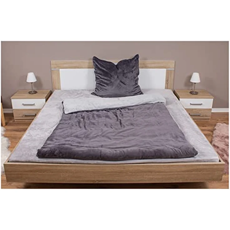 heimtexland ® Teddy Flanell Wende Bettwäsche Bettbezug Set 80x80 I 135x200 Plüsch Bezug Cashmere Touch Typ751 Anthrazit Silber – Bild 1