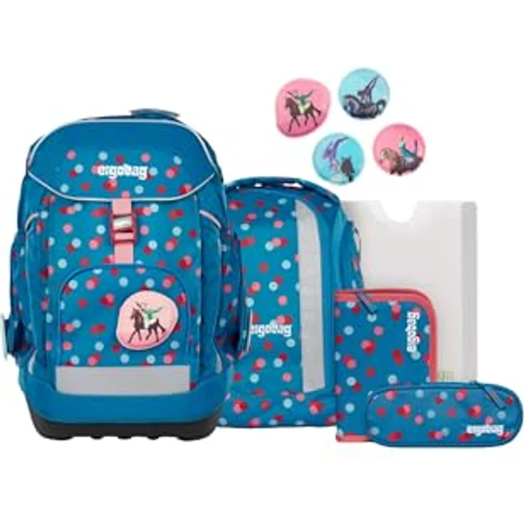 ergobag maxi set 6-teilig, ergonomischer Schulrucksack für Grundschule, ideal für große Kinder ab 1. Klasse, VoltiBär - Petrol, inklusive Heftebox und gefülltem Federmäppchen – Bild 1