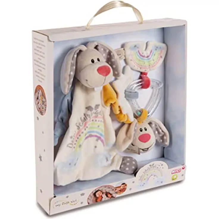 NICI Set Schmusetuch und Beißring Hase Schutzengel 32 x 30 x 6,3 cm – Baby Geschenkset ab 0 + Monaten, Erstausstattung für Neugeborene, Mädchen & Jungen, 48678, tolle Geschenkidee, beige