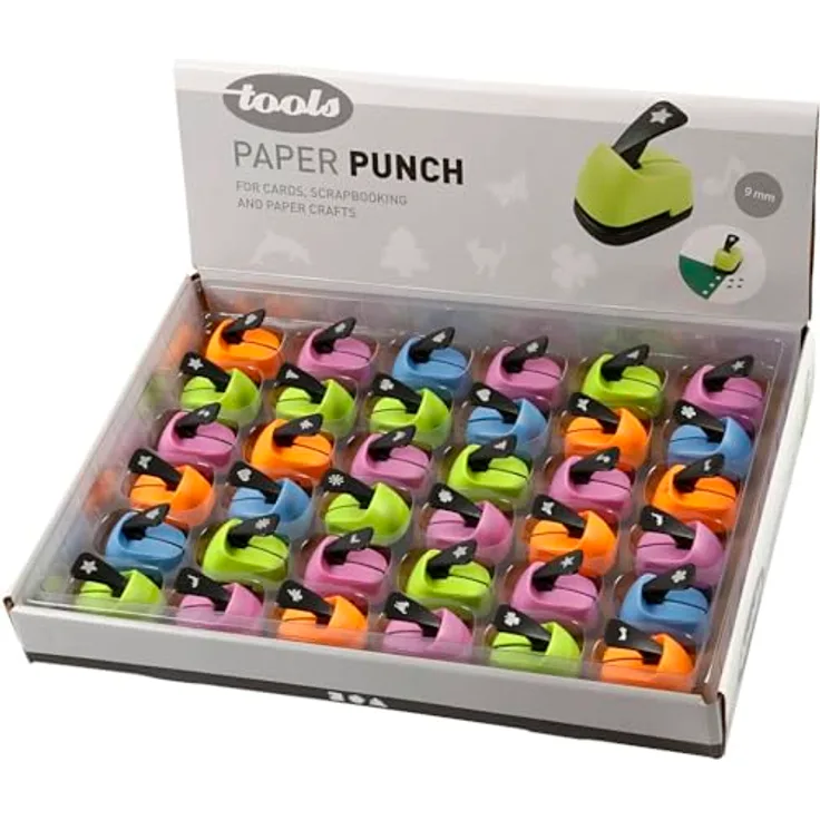 Creativ Motivstanzer Set, 36 Stück mit 18 verschiedenen Formen, Einheitsgröße, Papierstanzer für Papier und dünne Karten, 9 mm