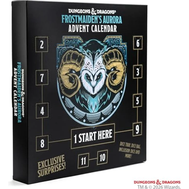 FanRoll Dungeons and Dragons Adventskalender Frostmaiden's Aurora, inklusive 12 D&D Zubehörteile, Würfeltablett und Mega-D20 – Bild 3