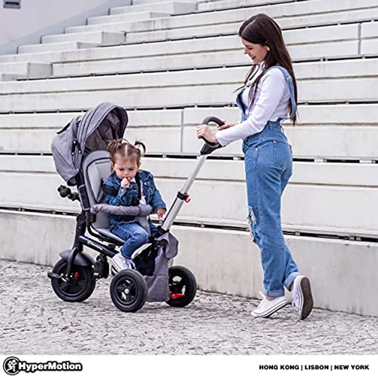 HyperMotion Tobi Velar Dreirad für Kinder ab 1 Jahr mit Schubstange, drehbarem Komfortsitz, faltbar, gepumpte Räder, grauer Regenmantel & höhenverstellbarem Elterngriff - Grau – Bild 4