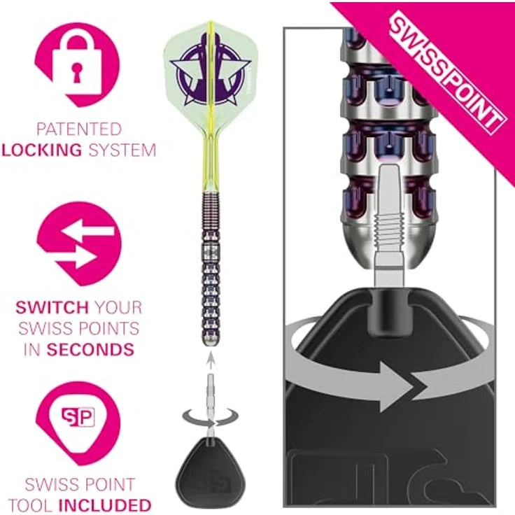 Target Darts Luke Littler World Champion Steeldarts, 90% Tungsten Dart-Set, 23G | The Nuke 2025 K-Flex, Gelb mit lila Grafik, inklusive Schlüsselring und Swiss Tool – Bild 4