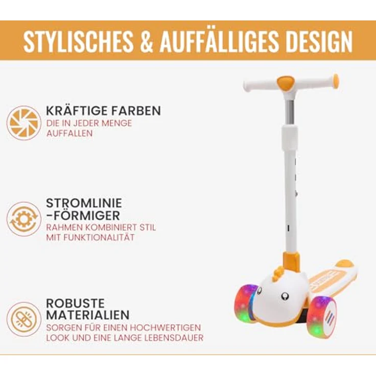 Habib Gruppe Kinderroller Tretroller, 3-Rad LED Roller, höhenverstellbar & faltbar, Tierdesign, orange, für Mädchen & Jungen (3-8 Jahre) – Bild 3