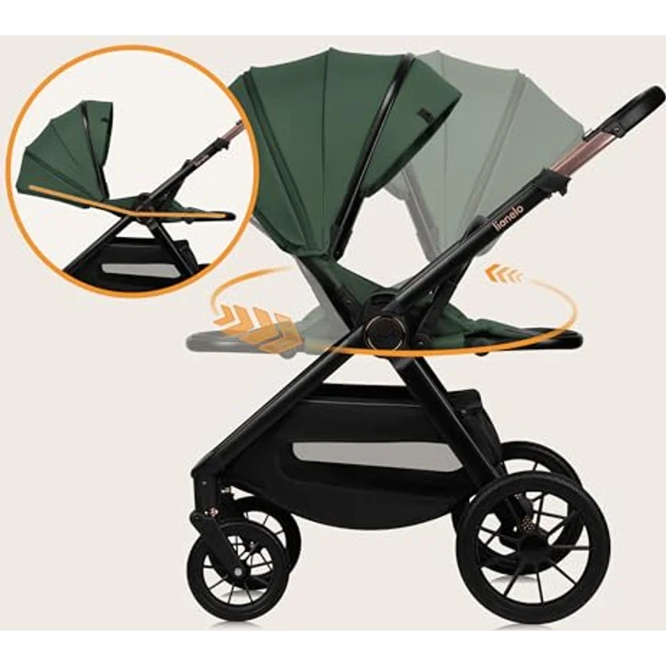 Lionelo LO-Layla 3in1 Kinderwagenset, Kombikinderwagen in Grün mit Babyschale, Babywanne und Sportwagenaufsatz, 62x115x94 cm, EN 1888 – Bild 3