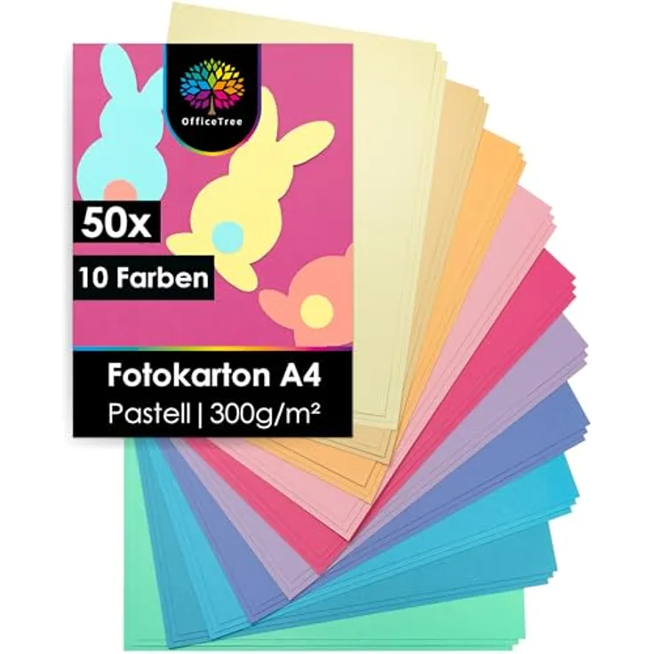OfficeTree 50 x Tonkarton Pastell A4 - Tonpapier Pastellfarben 300g/m² - 10 Farben - Tonpapier A4 - Fotokarton A4 zum Basteln und Gestalten
