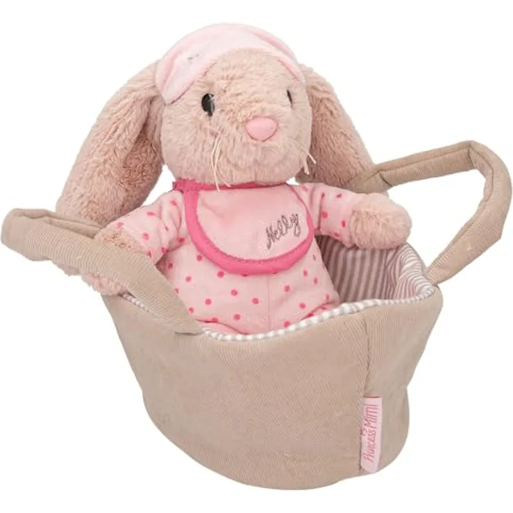 Depesche 12454 Princess Mimi - Kuscheltier Hase Nelly im Körbchen, rosa Plüschtier mit Schlafmaske und Body