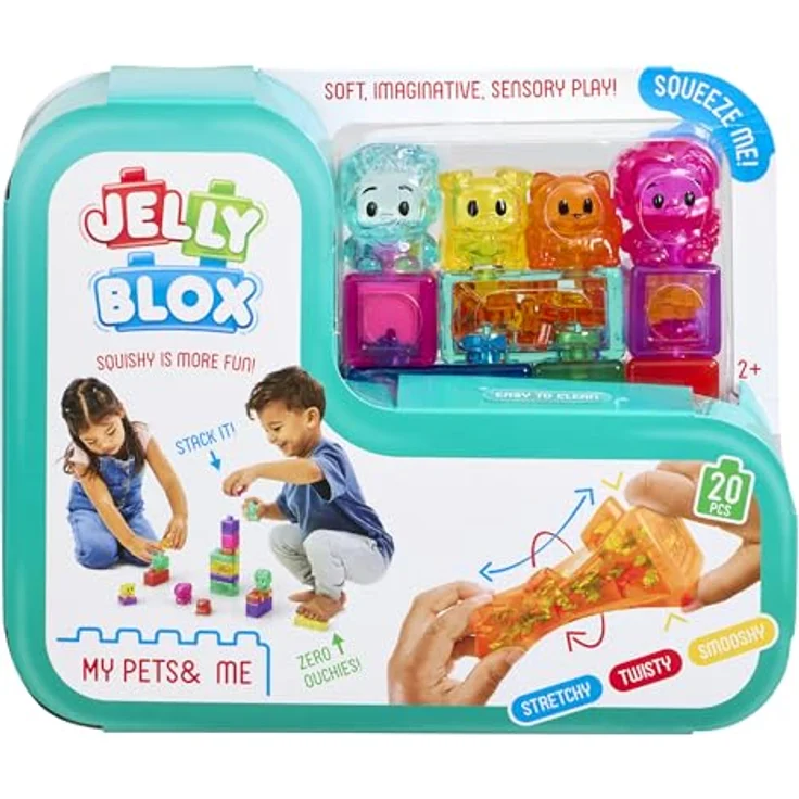 Jelly Blox My Pets and Me Set, 20 weiche Konstruktionsspielblöcke für Kinder ab 2 Jahren, dehnbar und flexibel, mit Tieren und Charakteren – Bild 1