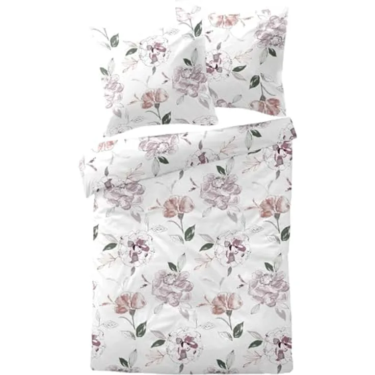 Traumschlaf Moderne Biber Bettwäsche Atherton Rose kuschelig weich aus 100% Baumwolle mit Reißverschluss - Made in Germany 155x220 cm + 80x80 cm, florales Design