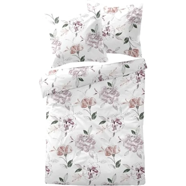 Traumschlaf Moderne Biber Bettwäsche Atherton Rose kuschelig weich aus 100% Baumwolle mit Reißverschluss - Made in Germany 155x220 cm + 80x80 cm, florales Design – Bild 1