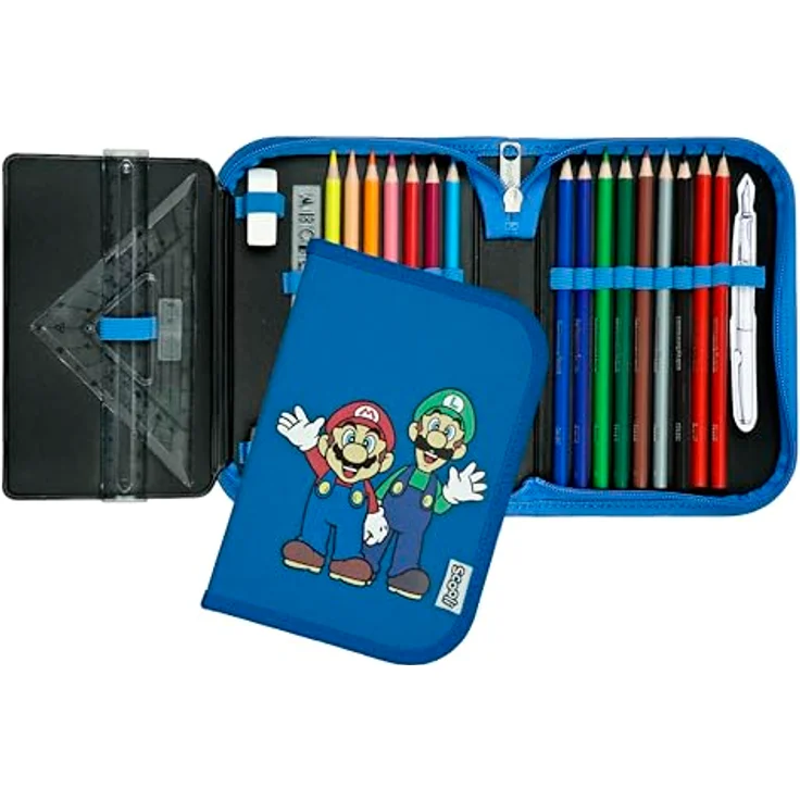 Scooli Gefülltes Schüleretui Super Mario, Federmäppchen mit 14 Buntstiften, 2 Bleistiften und Zubehör, ergonomisch geformt, robust und strapazierfähig, ideal für Schule und Freizeit, ab 6 Jahren – Bild 2