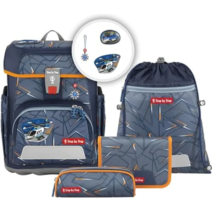 Step by Step Schulranzen-Set Cloud Helicopter Sam, 5-teilig, grau, Polizei-Design, ergonomischer Tornister mit Reflektoren, höhenverstellbar mit Hüftgurt, ab der 1. bis 4. Klasse, 19l – Bild 1