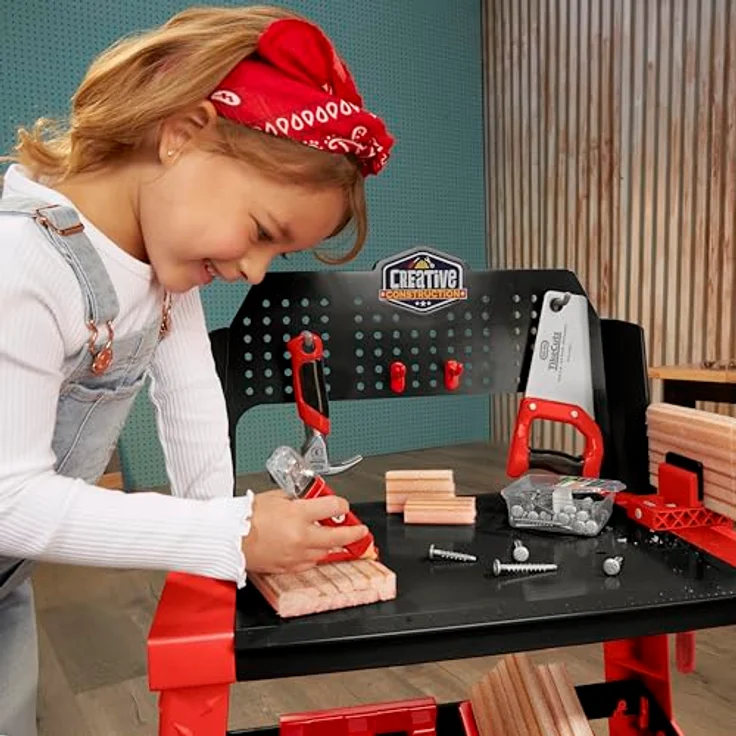 Little Tikes® Spielwerkbank Creative Construction, Kinderwerkbank mit robustem Zubehör und 30 Nägeln in Holzoptik – Bild 5
