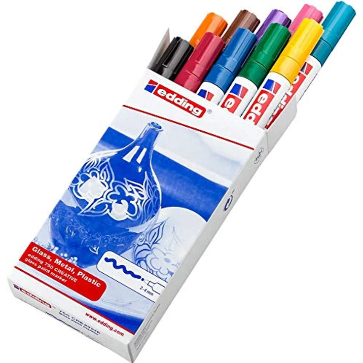 edding 750 Glanzlackmarker Set - mehrfarbig - 10 bunte Lackmarker - Rundspitze 2-4 mm - Lackstift für Glas, Stein, Holz, Kunststoff und Papier - wasserfest, stark deckend, 10er Pack – Bild 2