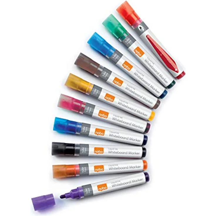 NOBO Liquid Ink Whiteboard Marker, 10er Set mit Rundspitze in 10 Farben, geruchsarm und trocken abwischbar
