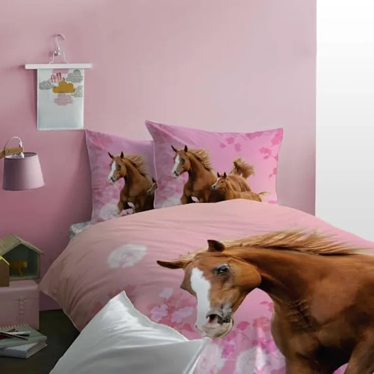 Matt&Rose Pferde-Bettwäsche 135x200 Mädchen 80x80 cm 100% Baumwolle Biber/Flanell Kinder Bettwäsche Set Mädchen Wende-Bettwäsche rosa, braun, Blumen, Horse