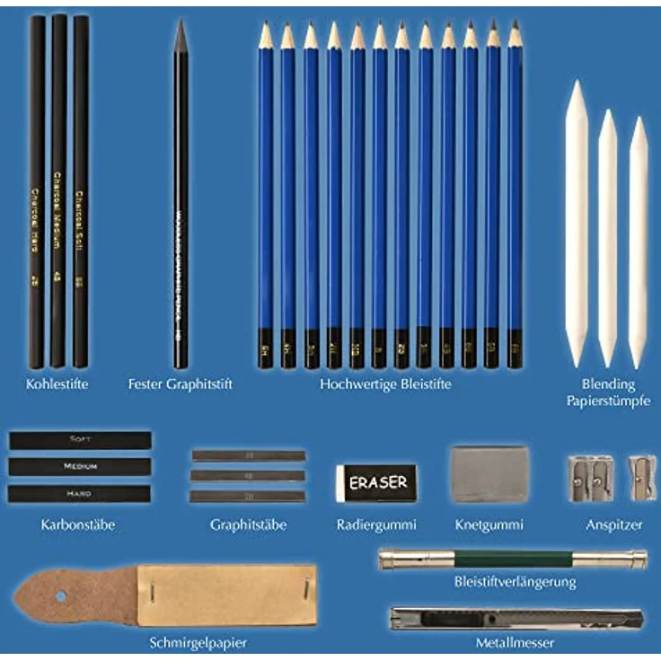 Artina 33tlg Bleistifte Set Bari - Zeichenset Zeichenstifte mit 12 Bleistiften, 3 Kohlestiften, 1 Graphitstift - Skizzierstifte Set mit viel Zubehör & Tasche - Bleistifte Set zum Zeichnen – Bild 4
