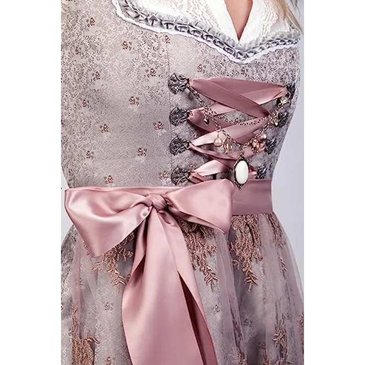 Edelnice Dirndl Aurelie, langes Trachtenkleid mit edlem Silberglanz und Rose-Tönen – Bild 9