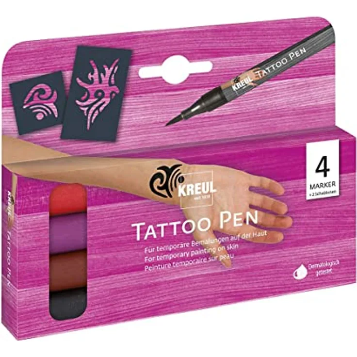 KREUL 62170 - Tattoo Pens mit Schablonen, auf Wasserbasis, vegan, Tattoo Maker, Festival, Geburtstag, Karneval, Mottoparty