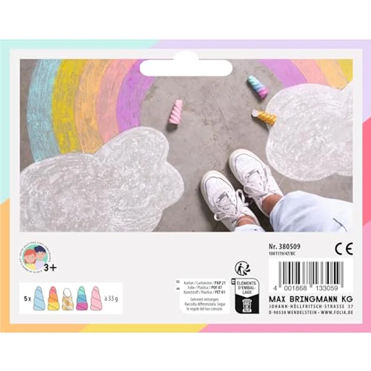 Folia Max Bringmann KG Malkreide Straßenmalkreide "Einhorn", Set mit 5 bunten Kreiden für kreative Straßengestaltung – Bild 2