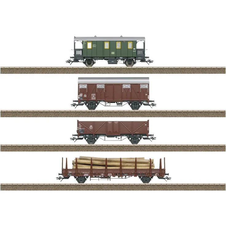 TRIX H0 24140 H0 4er-Set Güterwagen der DB, Lokalbahn-Gepäckwagen, gedeckter Güterwagen, offener Güterwagen, Rungenwagen, Ende der 1950er-Jahre, Modellbahn-Wagen