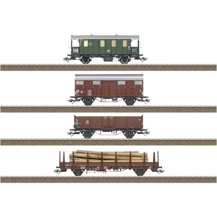 TRIX H0 24140 H0 4er-Set Güterwagen der DB, Lokalbahn-Gepäckwagen, gedeckter Güterwagen, offener Güterwagen, Rungenwagen, Ende der 1950er-Jahre, Modellbahn-Wagen