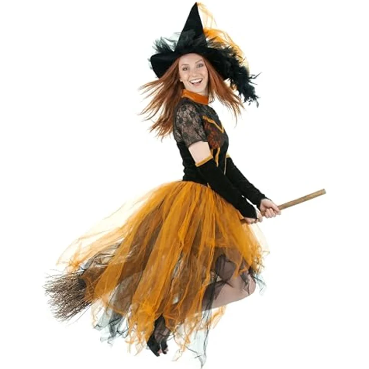 Funny Herbsthexe Freya Hexenkostüm, schwarz-orange mit Spitze, inkl. Gloves und Hexenhut, Größe 44-46 – Bild 3