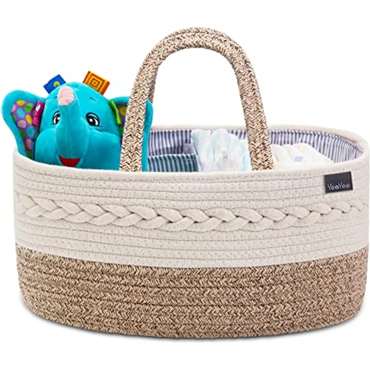 YeaYee Baby Windel Caddy Organizer, Multifunktionale Aufbewahrungsbox aus 100% Baumwoll-Leinen, tragbarer Organizer mit wechselbaren Fächern, 36,1 x 22,1 x 18 cm, für Windeln und Babybedarf – Bild 1