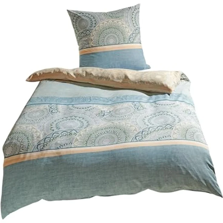 Traumschlaf Soft-Touch Mikrofaser Bettwäsche Karlsruhe grün, Design aus Ornamenten und Blockstreifen, 1 Bettbezug 200 x 220 cm + 2 Kissenbezüge 80 x 80 cm – Bild 1