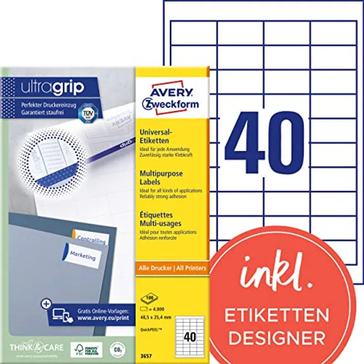 AVERY Zweckform 3657 Universal Etiketten (4.000 Klebeetiketten, 48,5x25,4mm auf A4, Papier matt, individuell bedruckbar, selbstklebende Aufkleber mit ultragrip) 100 Blatt, weiß