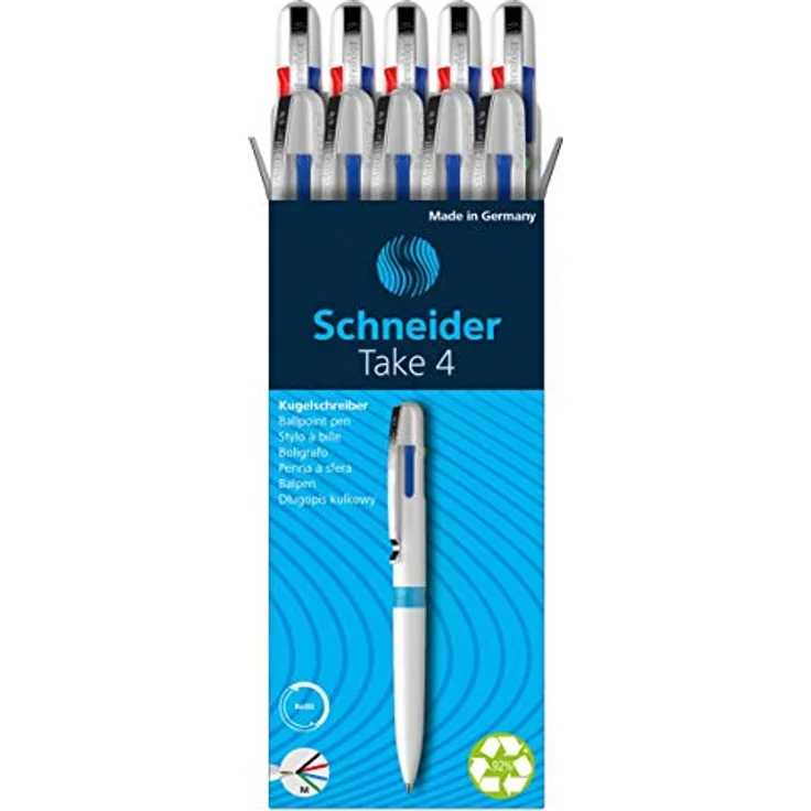 Schneider Take 4, Mehrfarbkugelschreiber mit 4 Schreibfarben (schwarz, rot, blau, grün), weiß/hellblau, 10er Pack – Bild 7