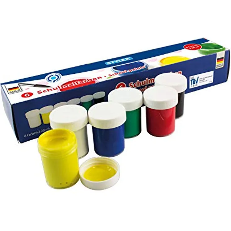 Stylex 28956 Schulmalfarben Set, 6 Malfarben in Weiß, Rot, Blau, Gelb, Grün und Schwarz, 20 ml Töpfchen mit Schraubverschluss