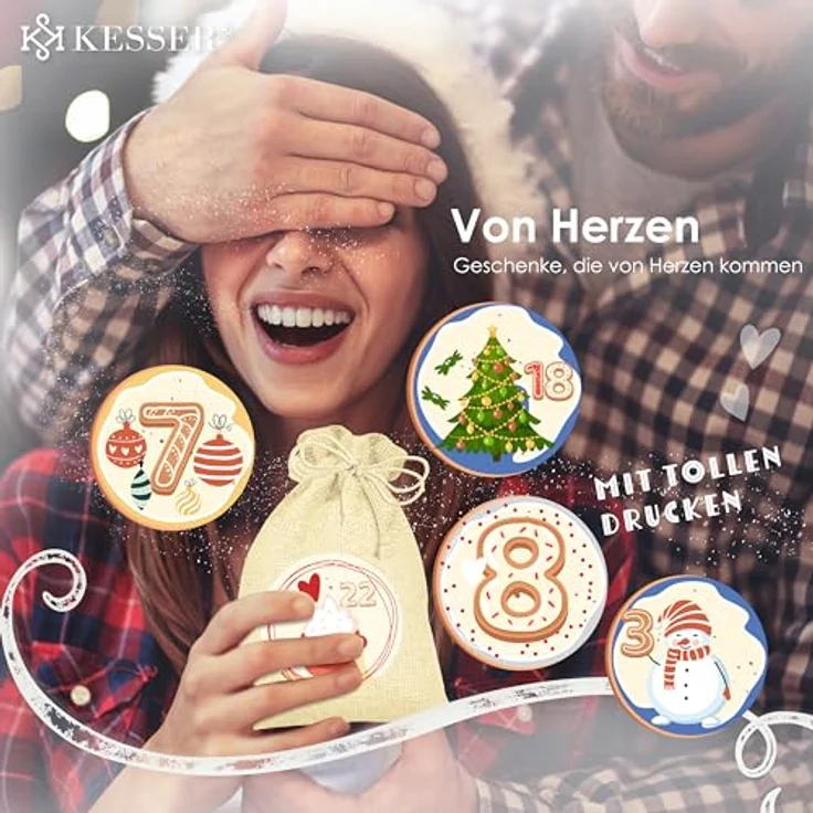 KESSER® Adventskalender zum Befüllen 24 Jutebeutel 16 x 12 cm Gedruckte Stoffbeutel Kinder Weihnachtskalender zum Selber Befüllen Inkl.. 24x Schildchen + 1 Großer Aufbewahrungsbeutel Stoff – Bild 4