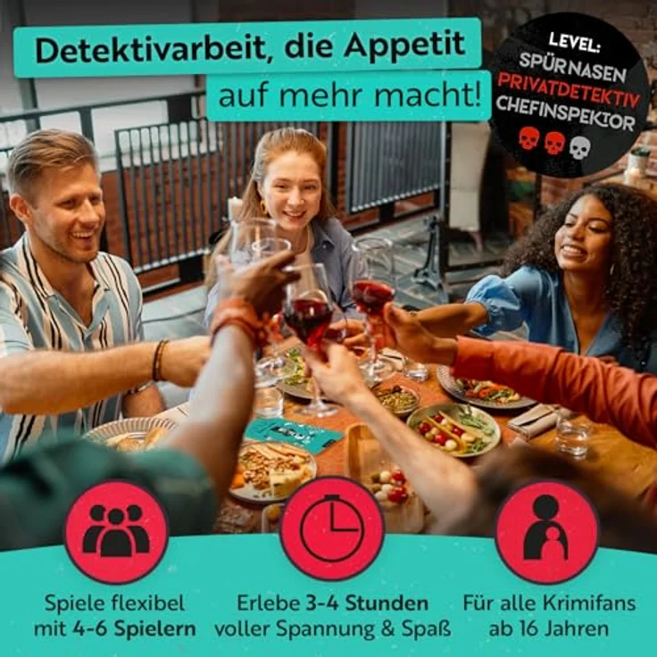 Gourmet Criminelle® Krimidinner für zuhause, Mordfall Korkenknall für 4-6 Spieler, spannendes Crime Dinner Spiel ab 16 Jahren, inklusive Rezepten und Audiohinweisen – Bild 2