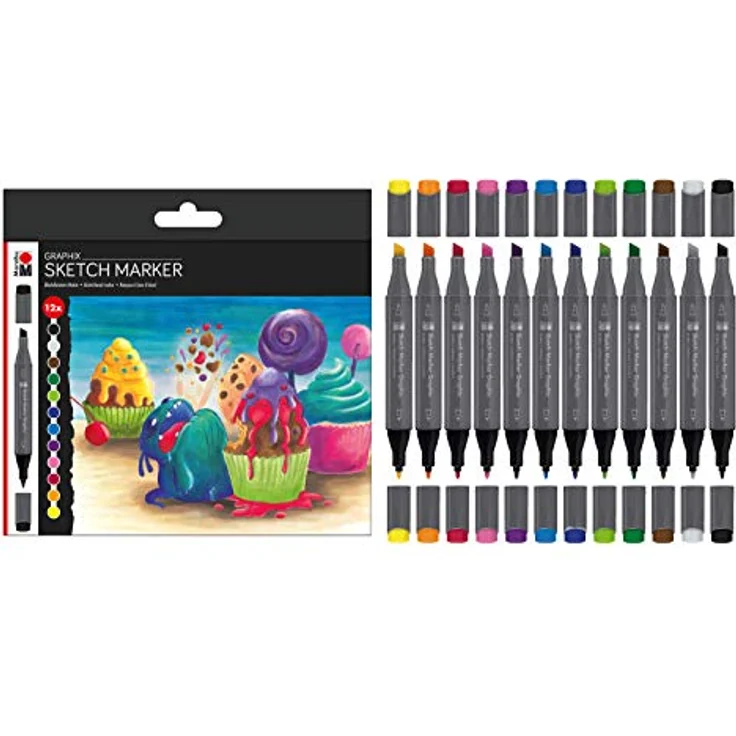 Marabu Sketch Marker Graphix 12er Set Sugarholic, brillante schnelltrocknende alkoholbasierte Tinte, geruchsarm und wasserfest – Bild 2