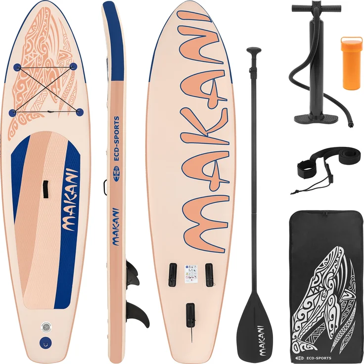ECD Germany Aufblasbares Stand Up Paddle Board Makani, 320 x 80 x 15 cm, Apricot, PVC, Traglast bis 120 kg, inklusive Pumpe und Tragetasche