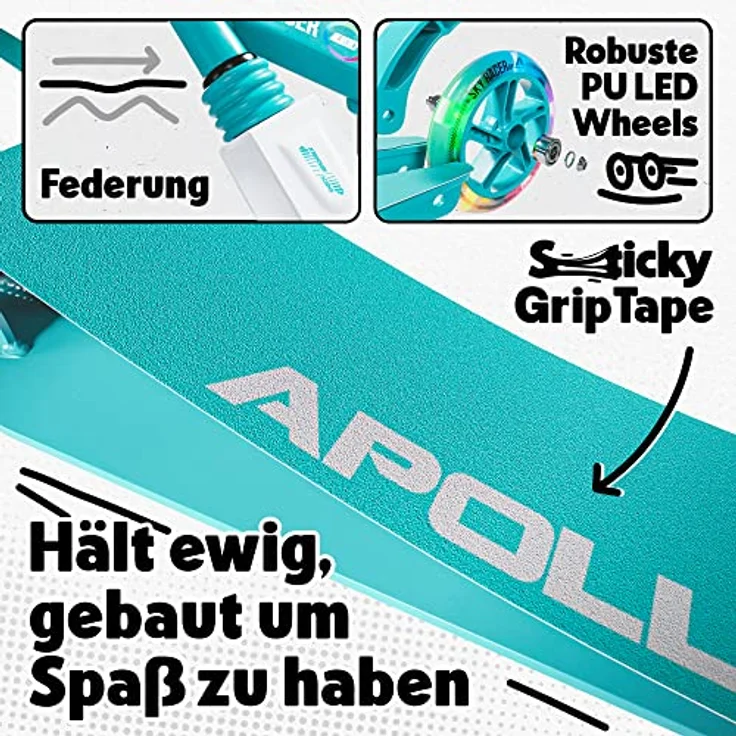 Apollo Skyracer City Roller mit LED Leuchträdern | Roller Kinder 6 Jahre | City Scooter mit Federung | Tretroller für Kinder und Teens | klappbar und höhenverstellbar, türkis – Bild 4
