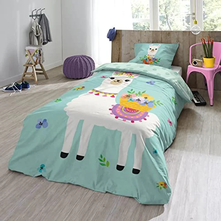 ESPiCO Bettwäsche Trendy Bedding Lama Blumen & Punkte, 100% Baumwolle, Wendeoptik, 135 cm x 200 cm, mintgrün – Bild 5