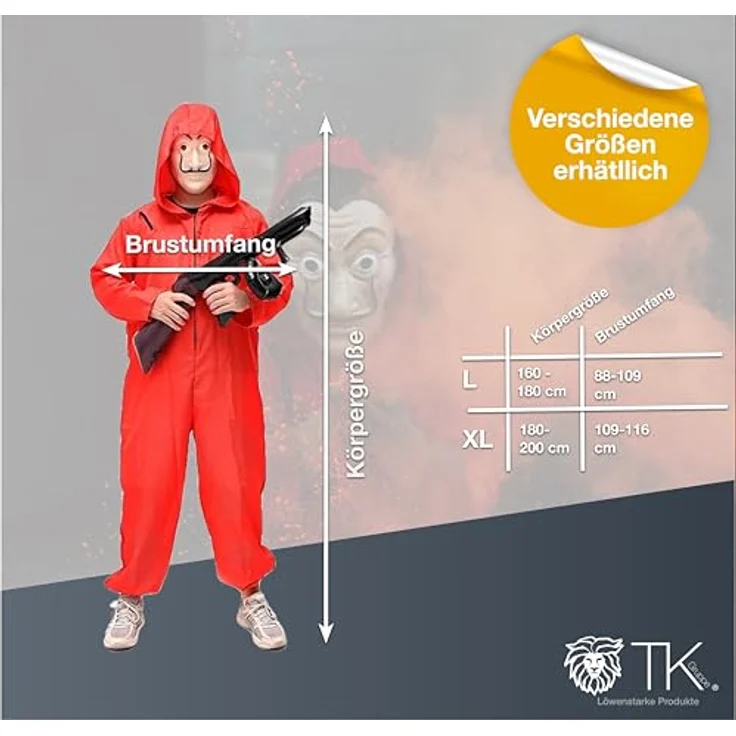 TK Gruppe Timo Klingler Kostümheld® 3 in 1 Unisex Kostüm Set - Haus des Geldes für Erwachsene Unisex mit Dali Salvador Maske, Gewehr, Anzug für Fasching & Halloween (160-180 cm) – Bild 5