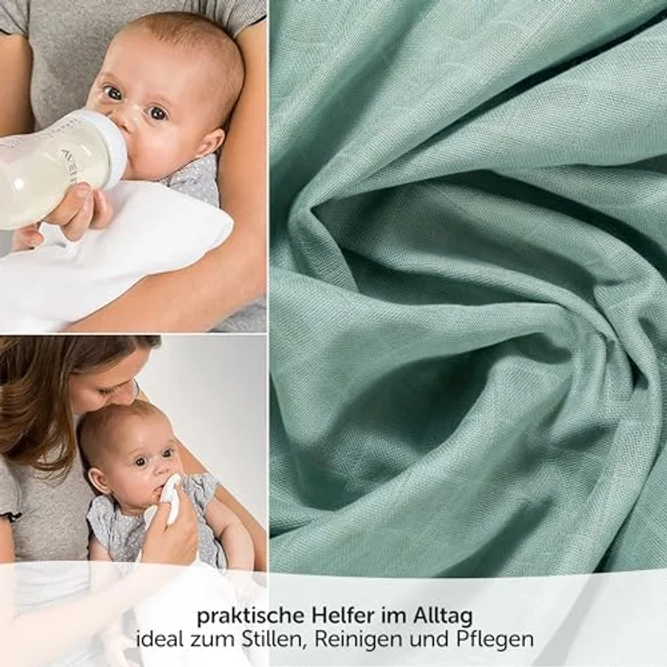 MAKIAN Mullwindeln 4er Pack, 70x70 cm, Oeko-TEX® Standard 100 geprüft, 4 Spucktücher in Premium Qualität - Iceberg Green/Weiß/Mint/Grau – Bild 2