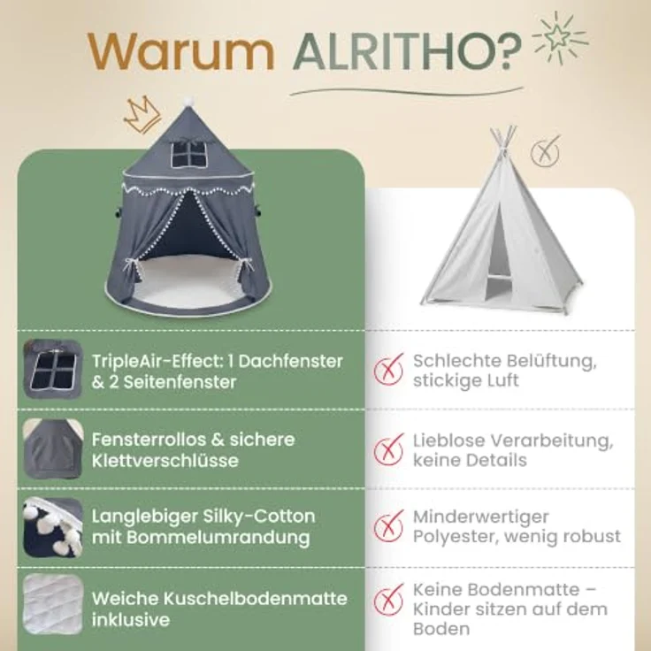 ALRITHO® Spielzelt Kinder, Silky-Cotton in Nachtgrau 110x110x130cm, Indoor-Kuschelhöhle mit TripleAir-Effect und gemütlicher Bodenmatte, inkl. Tragetasche – Bild 5
