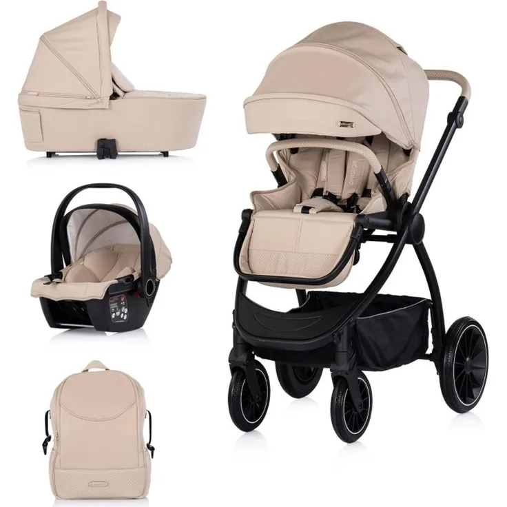 Chipolino Kombikinderwagen Prestige 3 in 1, hellbraun, mit Tragetasche, vorwärtsgerichtetem Sitz und i-Size Babyschale, leichtes Aluminiumgestell, 15 l Stauraumkorb