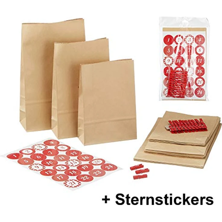 Annastore DIY Adventskalender zum Befüllen 72-teilig + 134 Sterne-Sticker - Papiertüten Weihnachten - Braune Geschenktüten - Preisvergleich – Bild 2
