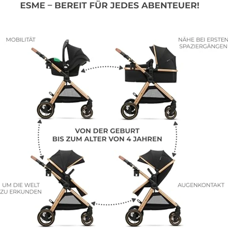 Kinderkraft 3in1 Kombi-Kinderwagen-Set ESME, wendbarer Sitz & Wanne, bis 22 kg, inkl. Babyschale MINK PRO i-Size, Getränkehalter, Wickeltasche, Pure Black, mit Gratis Mobilitätsgarantie – Bild 3
