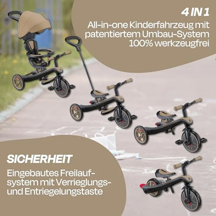 Globber Explorer Trike 4in1 Pro in Sand – Kinderfahrzeug mit höhenverstellbarem Sitz, UV-Sonnenschutz und Sicherheitsgurt – Bild 3