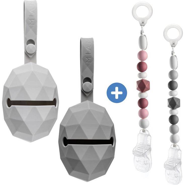 MiaMia 4-tlg. Schnuller-Zubehör-Set, 2x Silikon-Schnullerbox & 2x Schnullerkette mit Silikon-Perlen, Grau Beere