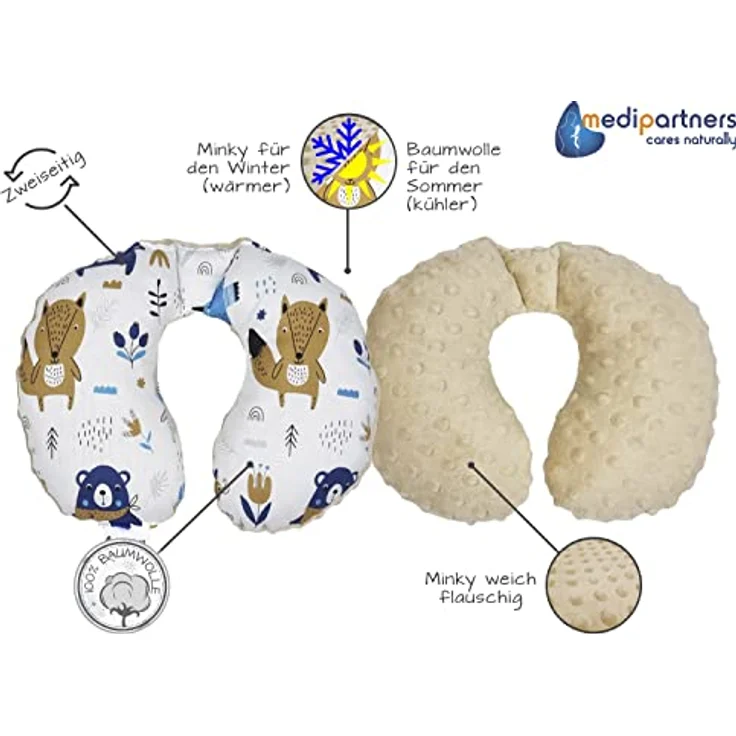 Medi Partners Nackenkissen Kinder Nackenhörnchen, 100% Baumwolle/Minky, Boho Animals mit beigem Minky, komfortable Nackenstütze für Auto und Flugzeug – Bild 3