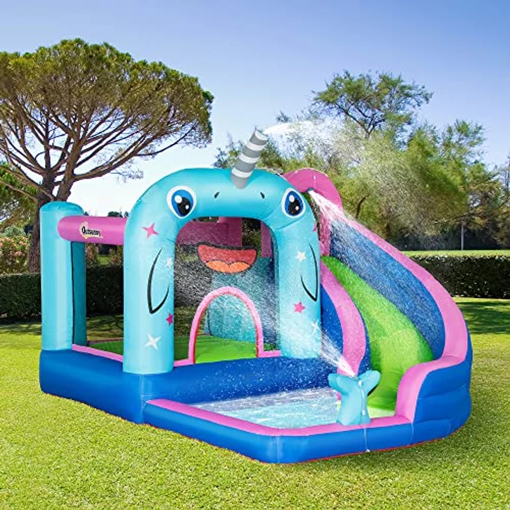 Outsunny Aufblasbare Hüpfburg mit Gebläse, Wasserspielcenter mit Rutsche und Sicherheitsnetz, für Kinder 3-8 Jahre, 330 x 280 x 200 cm – Bild 2