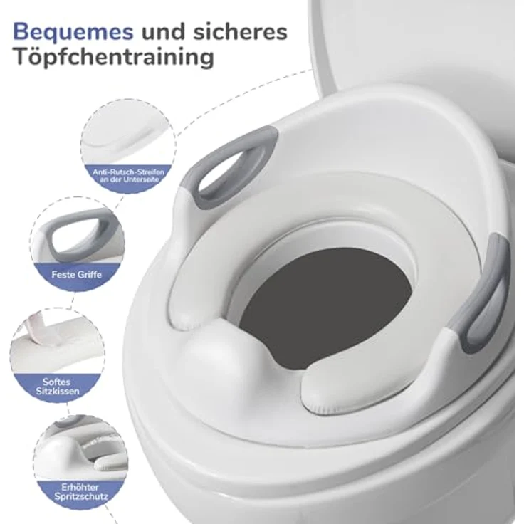DEANIC Toilettensitz für Kinder mit Tritthocker, weicher Sitzpolster und Spritzschutz, grau, 2 Kissen und 1 Bürste – Bild 3